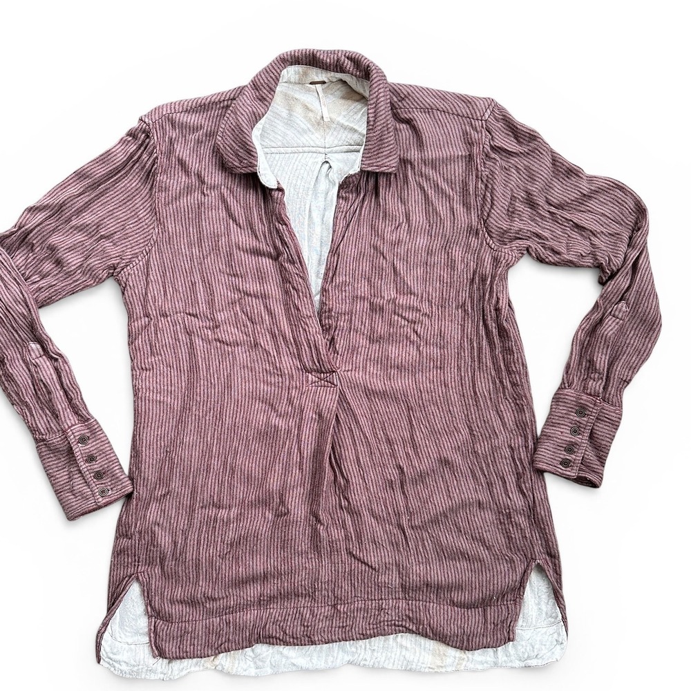 Free People Striped V-Neck Tunic Women XS Burgundy Cream Long Sleeve Boho Blouse